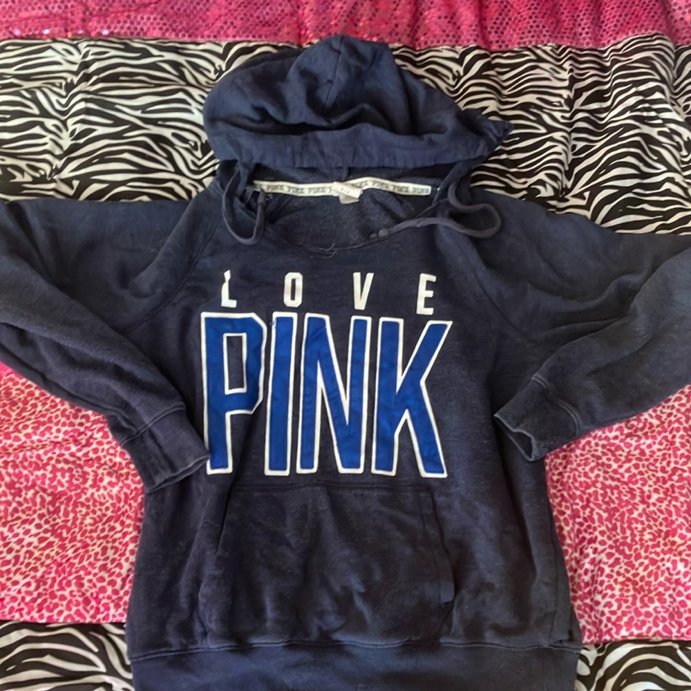 Victoria secrete pink, blue kinda cropped at the waist hoodie